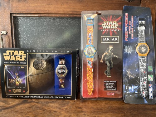 Vintage Star Wars Watches X3, Jarjar, Pepsi, Death Star Display,