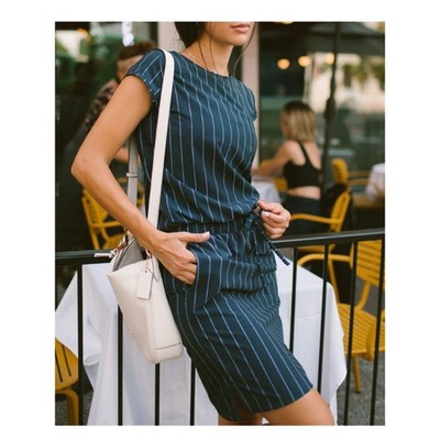 Albion Fit Going Places Destination Dress in Navy Pinstripe - Size XS Tall