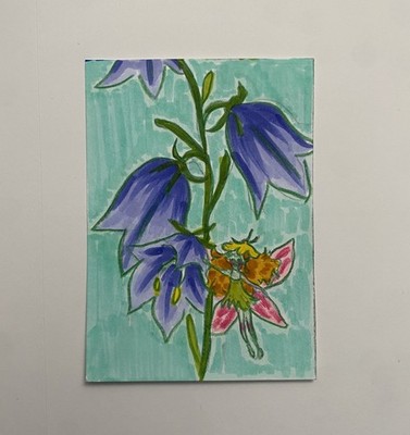 aceo original art card tiny fairy with harebell flowers by primrose.art.cards