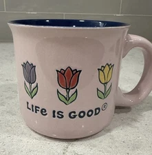 NEW Life is Good 3 Flowers TULIPS Ceramic Mug Pink W/ Dark Blue Inside NEW