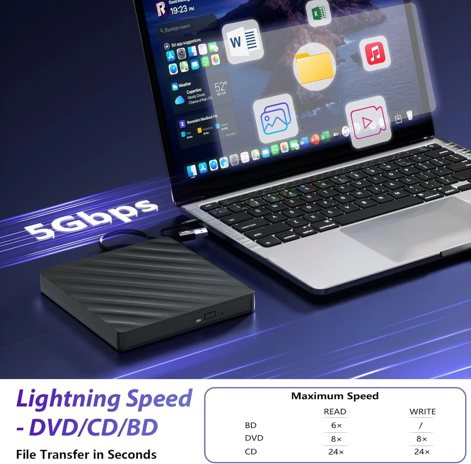 5 in 1 External BluRay Drive BD Player Read/Write Portable CD/DVD Drive Burner - Image 3 of 4