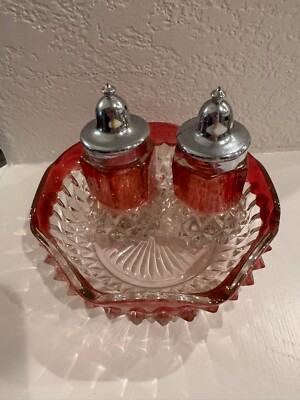 Indiana Glass Diamond Point Salt & Pepper & Bowl Ruby Red Vintage