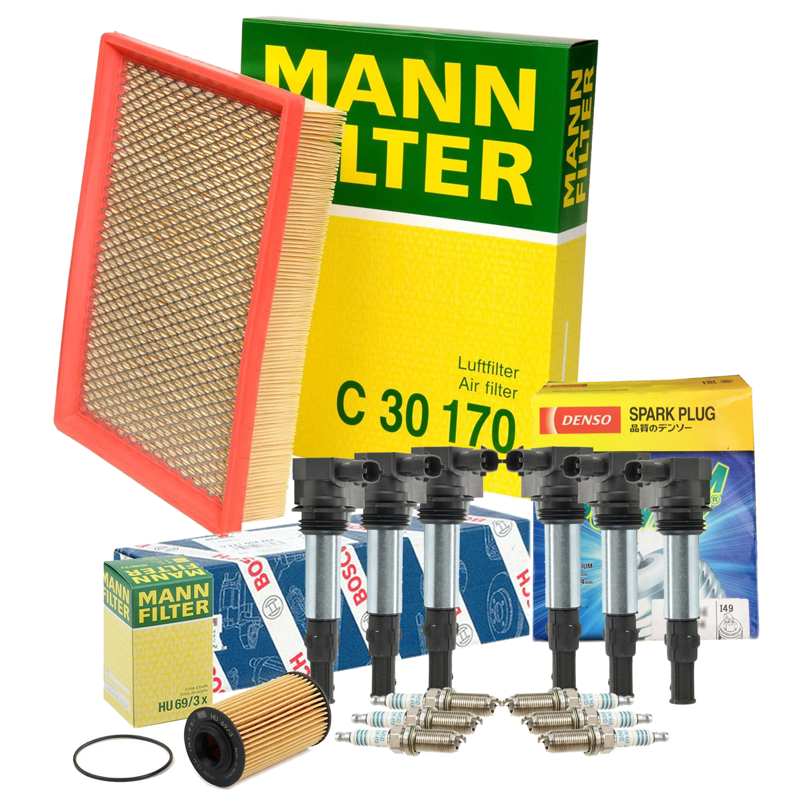 Mann Filters Bosch 6 Coil Denso 6 Iridium Power Spark Plugs Tune Up Kit For Saab