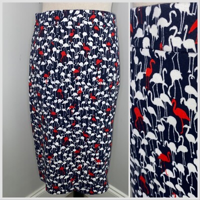 Cremieux navy blue red flamingo print knit knee length pencil skirt size  Small