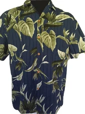 Paradise Found Hawaiian Shirt Mens Large L Blue Green Floral Cotton