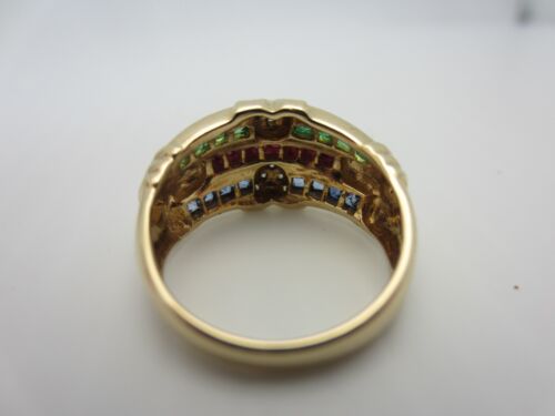 14k Oro Giallo Rubino Smeraldo Blu Zaffiro e Diamante Anello 0.95 KT Tw Cupola - Foto 13 di 16