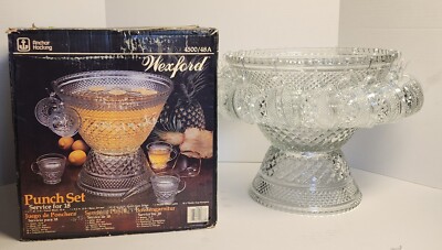 Vintage Anchor Hocking Wexford 4500 Glass Punch Bowl Cup Set 48A Service For 18 