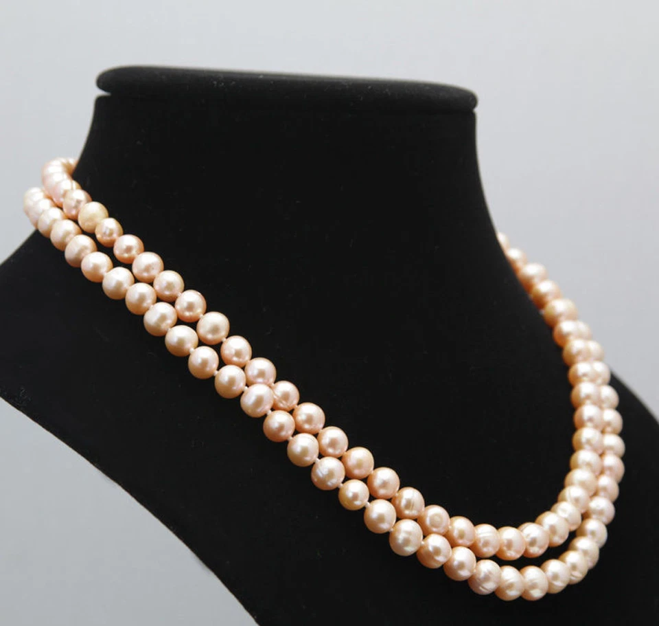 Collar de cuentas de perlas cultivadas Akoya rosa natural de 2 filas de 7-8 mm 17-18" AA Foto 4 de 4