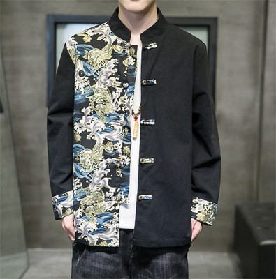 Men's Chinese Style Tang Suit Printed Jacket Retro Improved Stand Collar Buckle