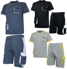 Mens T-shirt and Shorts Outfit Set with Contrasting Stripe and Zip Pockets S-2XL