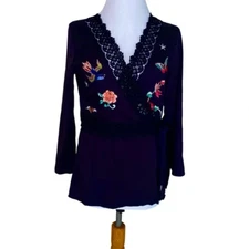 Odd Molly Uncorporated Black Embroidered Lace Trim Wrap Top Blouse Top