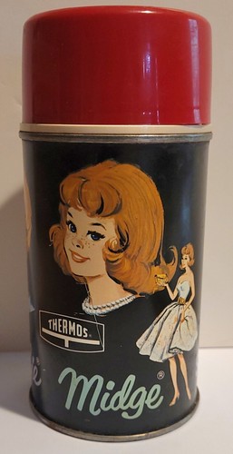 Vintage 1965 Barbie Lunchbox Metal Thermos w/Red Top Midge & Skipper - Nice! - Picture 2 of 8