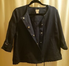 CHICO'S Linen Jacket SM 0 2/4 Blue Roll Tab 3/4 Sleeve Snap Close NWOT