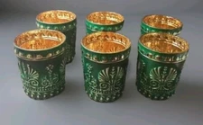 Embossed Old Fashioned Drinking Glasses Set Of 6 Green & Gold Glass - Beautiful 