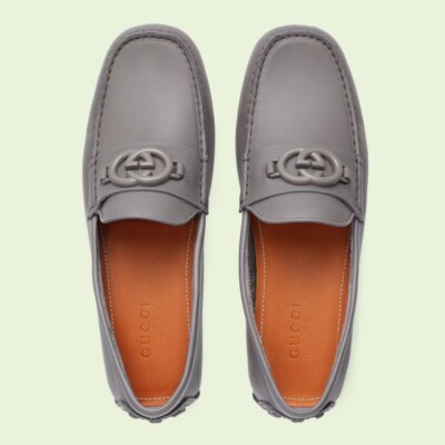 NWT GUCCI MENS GRAY LEATHER GG LOGO MOCCASIN LOAFERS Gucci Size 8