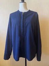 Talbots Navy Long sleeve Pin tuck 5 Button Top Blouse Size 14 EUC