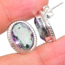 Mystic Topaz Gemstone Handmade 925 Sterling Silver Jewelry Stud Earring Sz 0.75"