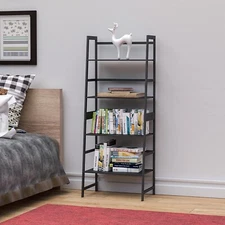 US Black Bamboo Ladder Shelf Bookcase Living Room Rustic Stand Storage Organizer