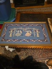 Antique Or Vintage Framed NEEDLEPOINT PICTURE Ballroom Dancers 15" X 25" Blue