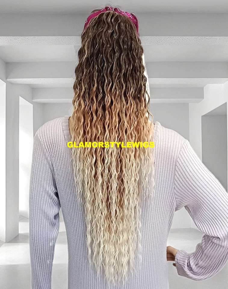 28'' HUMAN HAIR BLEND PONYTAIL CURLY LAYERED HAIR PIECE EXTENSIONS BROWN BLONDE - Image 2 of 3