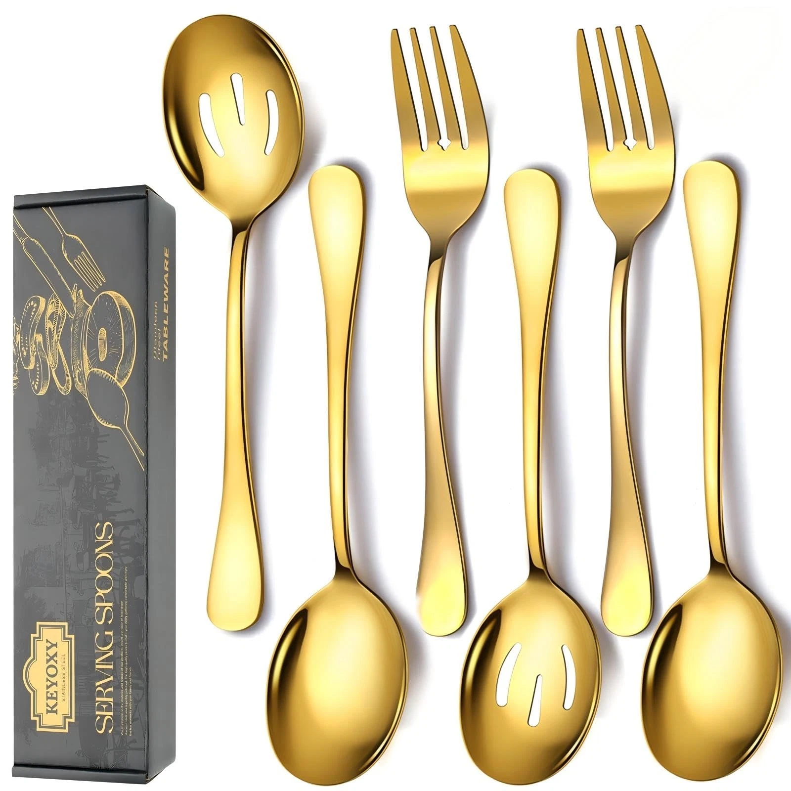 6 Piece Stainless Steel Serving Spoons Set, 10-Inch, Includes 2 Spoon/Slotted...
