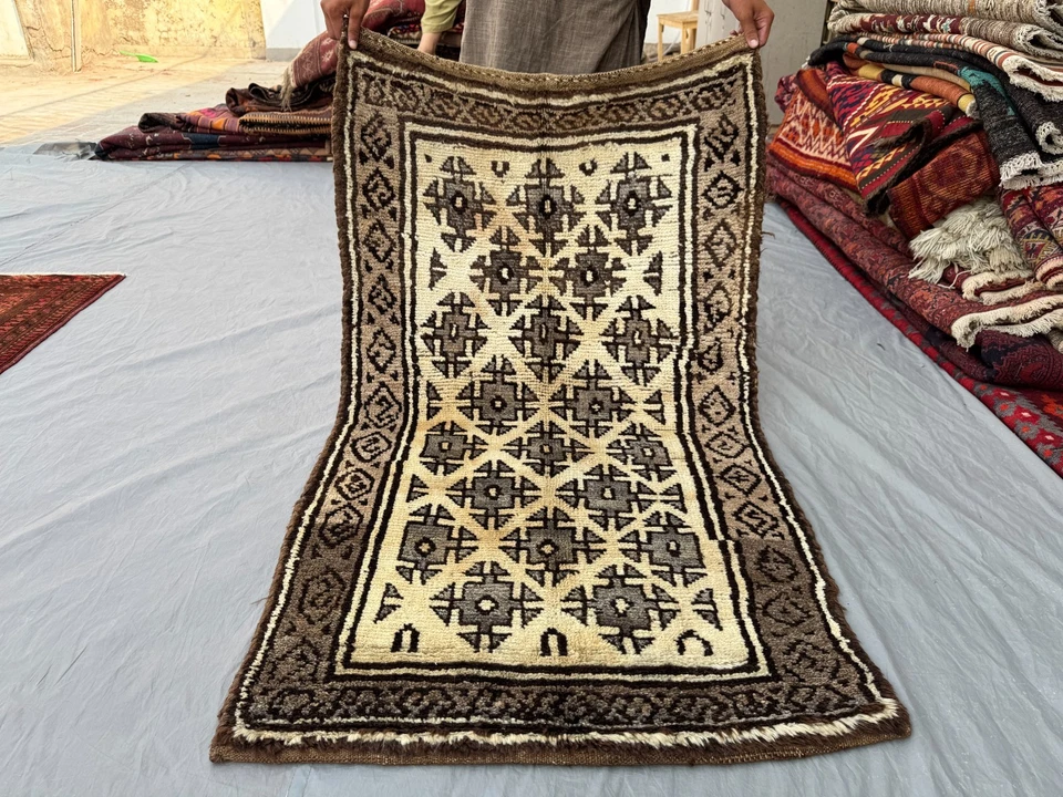 2x5 Rustic Afghan Taimani Tribal Rug – Earthy Brown & Cream Geometric Symbols - Image 2 of 4