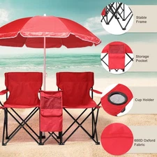 Double Portable Folding Picnic Chair w/Umbrella Table Cooler Beach Camping Chair
