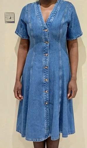 M&S Denim V-Neck Button Through Midi Skater Dress Size 12 REGULAR - Picture 1 of 12