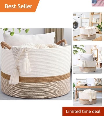 Soft & Durable 67L Storage Basket - Foldable Cotton Rope Hamper in White & Brown