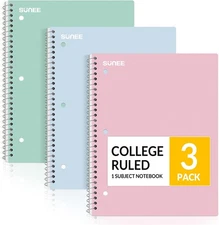 SUNEE Spiral Notebooks, 3 Pack, 1-Subject, College Ruled Paper, 8" x Pastel 