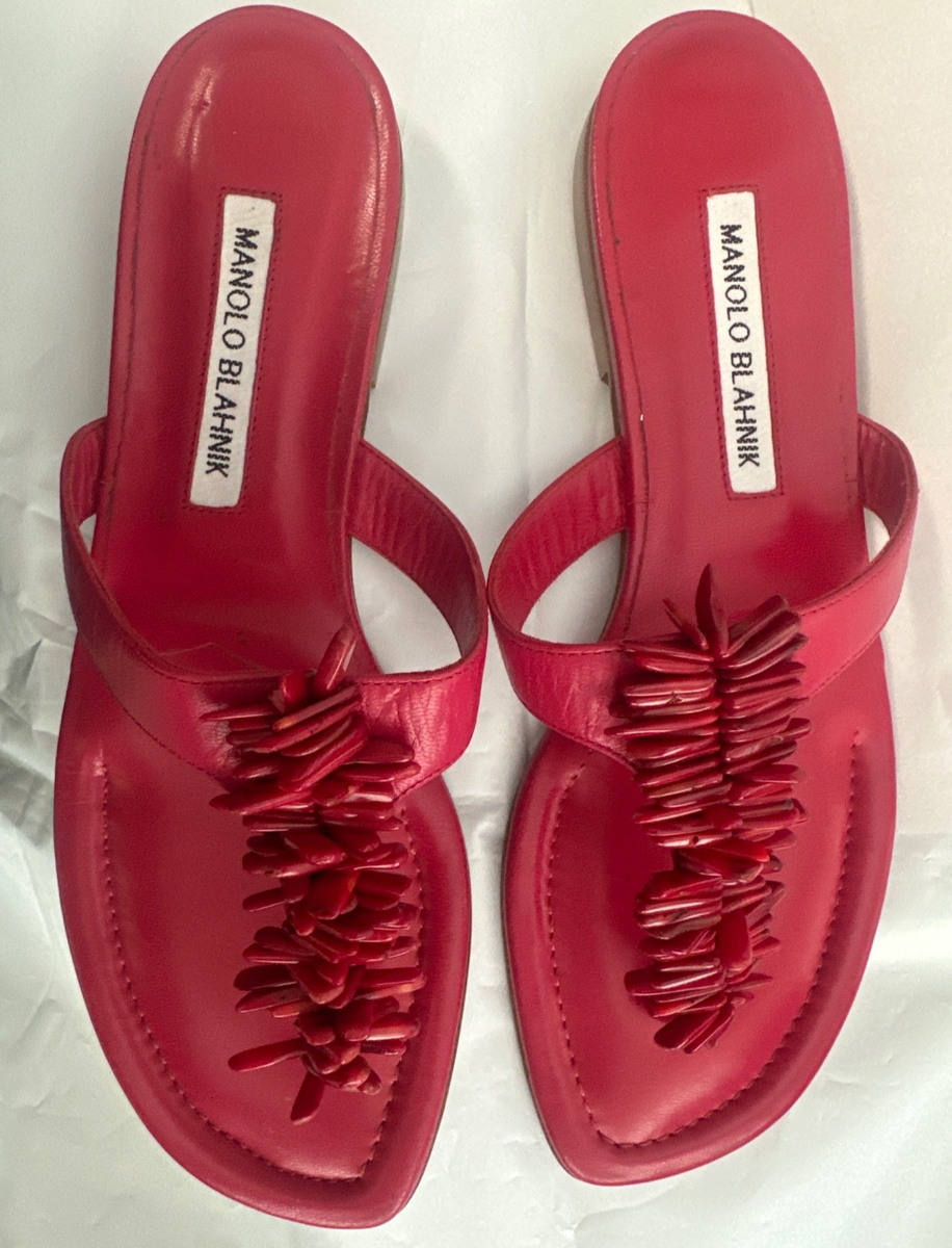 NEW Manolo Blahnik Sandals Mules Cranberry Red Leather Corals Flat