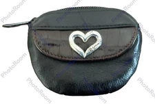 *Brighton Vtg Small Black/ Brown Croco  Leather Coin Change Purse Silver Heart*
