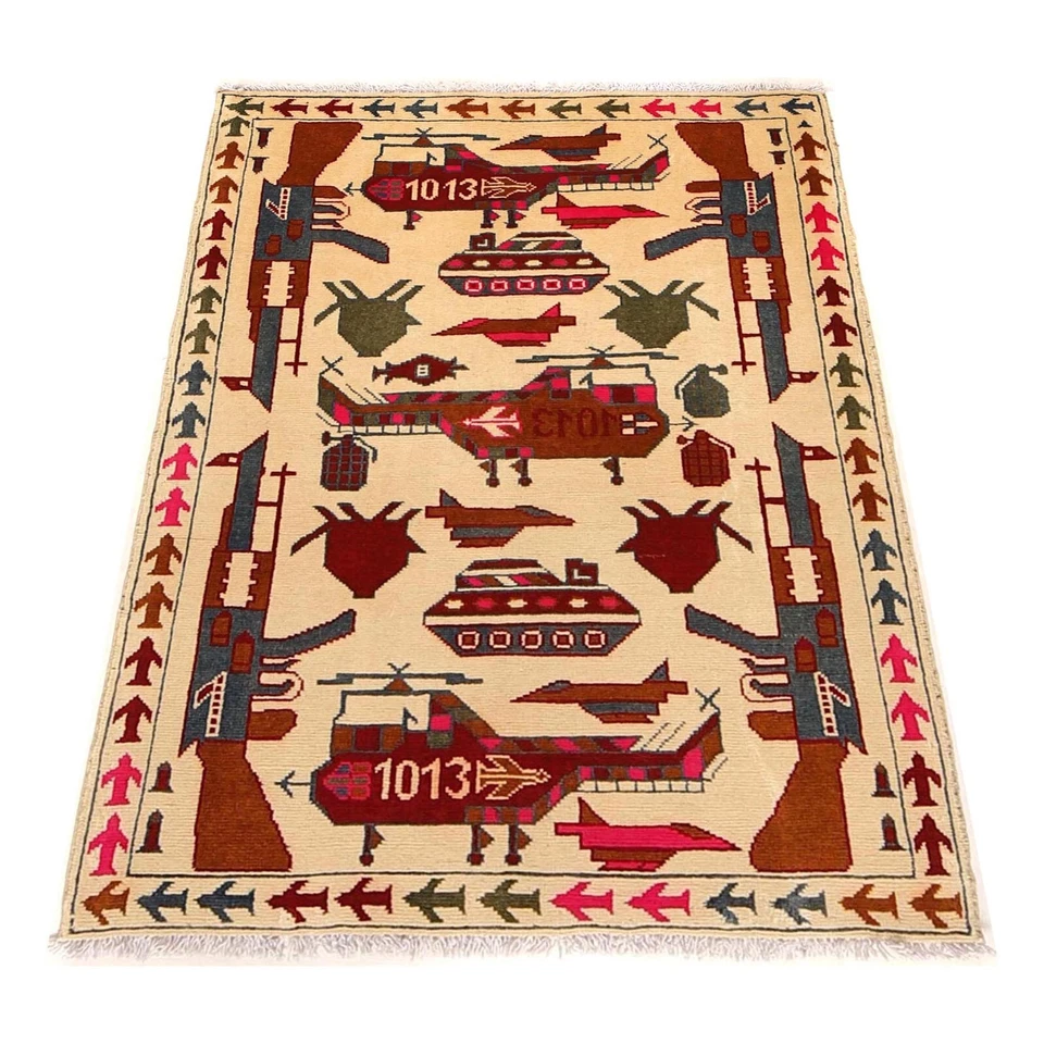 Oriental 9/11 War Design Handmade Wall Hanging Beige Rug 2'9"x3'11"ft Rug G29156 - Image 2 of 4