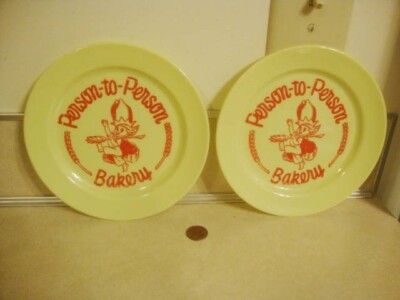 VTG Advertising Dish x2 PERSON-to-PERSON Bakery Lime Green GOTHAMWARE Rarity!