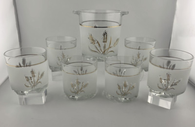 Seven Piece Devalbor Covetro Italian Gold Wheat 1950s Ice Bucket and 6 Glasses