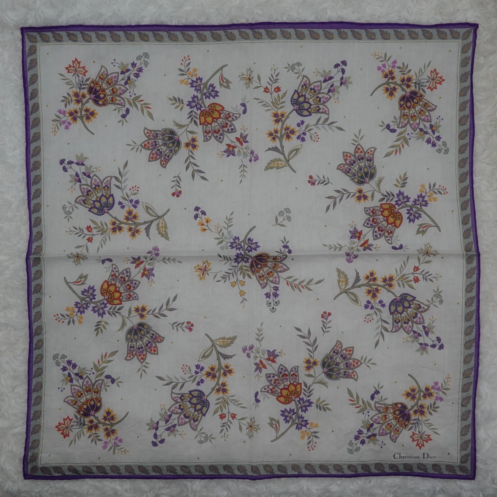 M331 CHRISTIAN DIOR foulard blanc violet coton foulards de poche carré 18