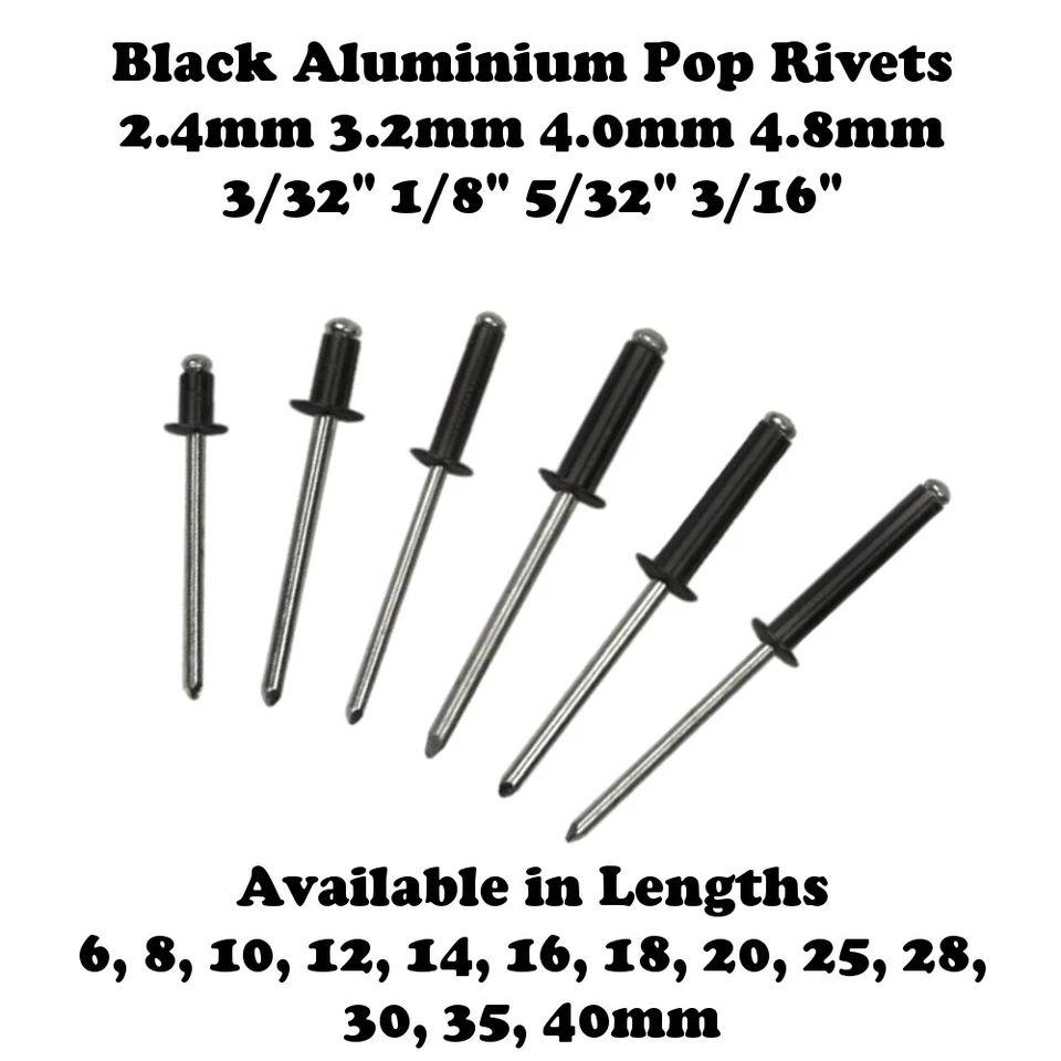 WEO Black Aluminium Pop Rivets 2.4, 3.2, 4.0, 4.8mm(3/32,1/8,5/32,3/16")