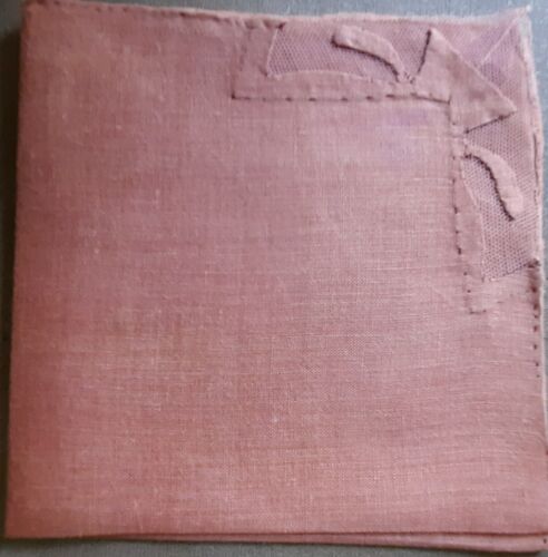Antique Hanky Lace Applique Brown Hanky Handkerchief Extremely Old 11x11 Linen  - Afbeelding 1 van 6