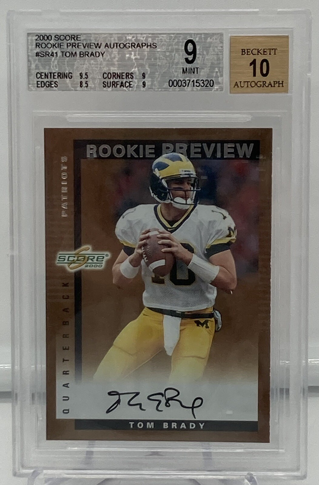 Tom Brady Autographed Signed New England Patriots 2000 Score "Rookie Preview s" #SR41 , Beckett 9 Mint & 10 Auto 