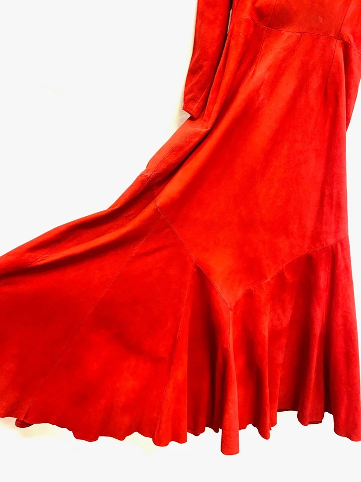 Vestido falda midi plisada espalda abierta recortada cuero gamuza rojo VAKKO 8 vintage EE. UU. Foto 4 de 4