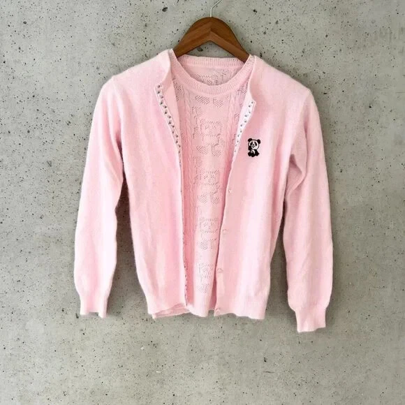 Hysteric Glamour Hand Knit Angora Wool Panda Motif Pink 2 Piece 