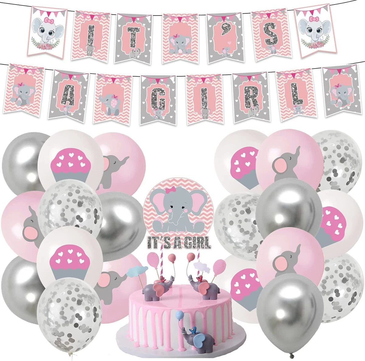 Pink Elephant Baby Shower Decorations for Girl, Elephant Baby Decorations  with It's a Girl Banner, Elephants Theme Balloons for Pink and White