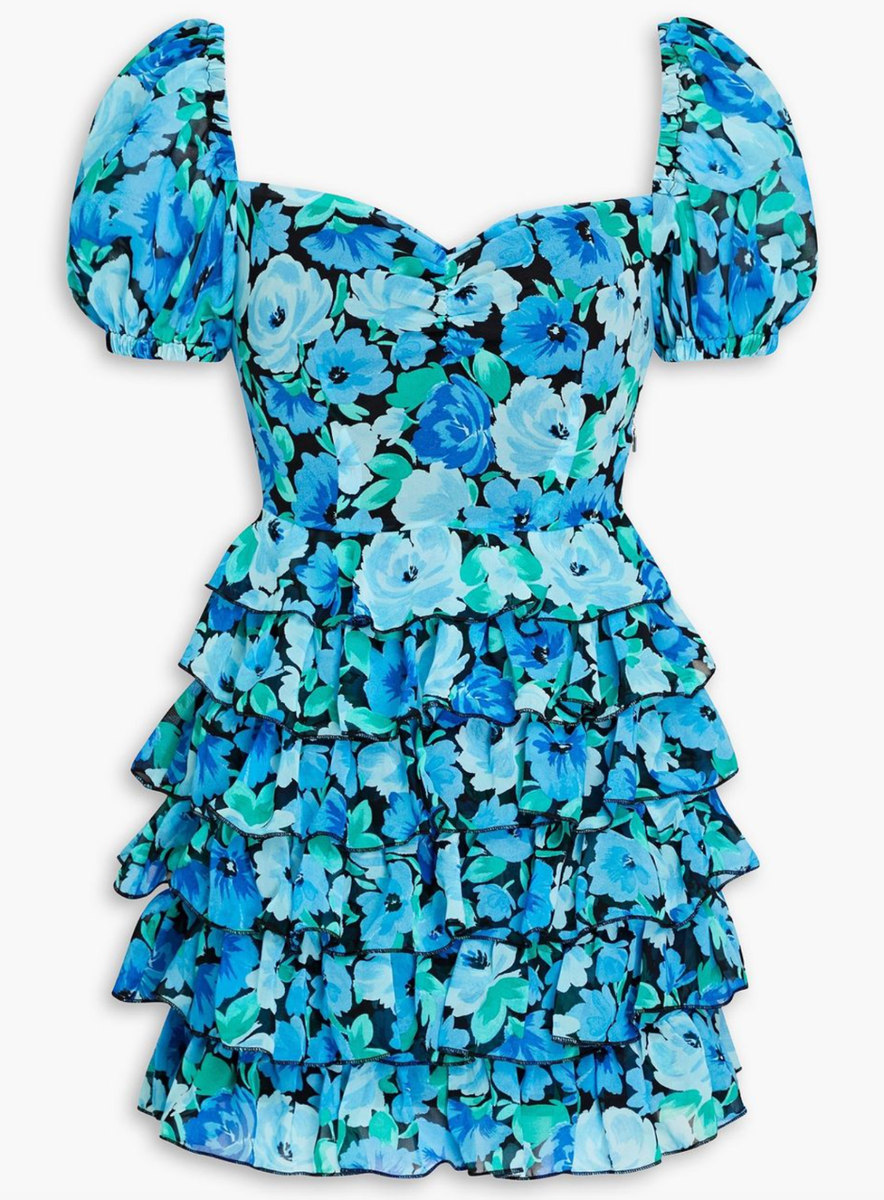 NWT Rotate Birger Christensen Ibiza Blue Floral Chiffon Ruffle Dress 36 6 $475