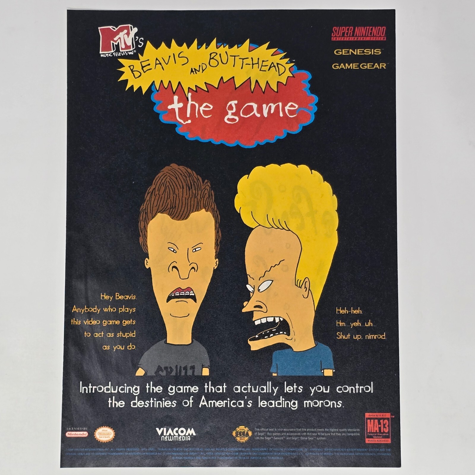 Beavis and Butt-Head SNES Genesis Game Gear Morons anuncio impreso/póster arte promocional
