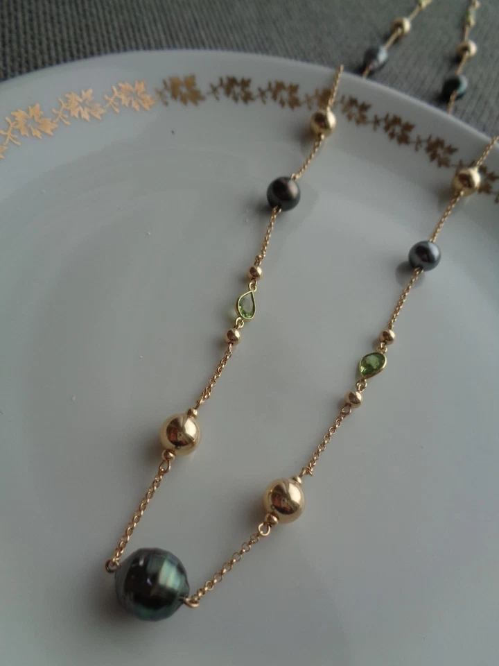 Lange Goldkette mit Kugeln, Tahitiperlen u. Peridot-Quarz, in Gold Filled - Bild 2 von 4