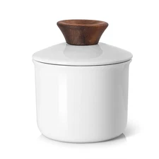 Butter Crock for Counter French Keeper with Water Ceramic Airtight Dish Wood