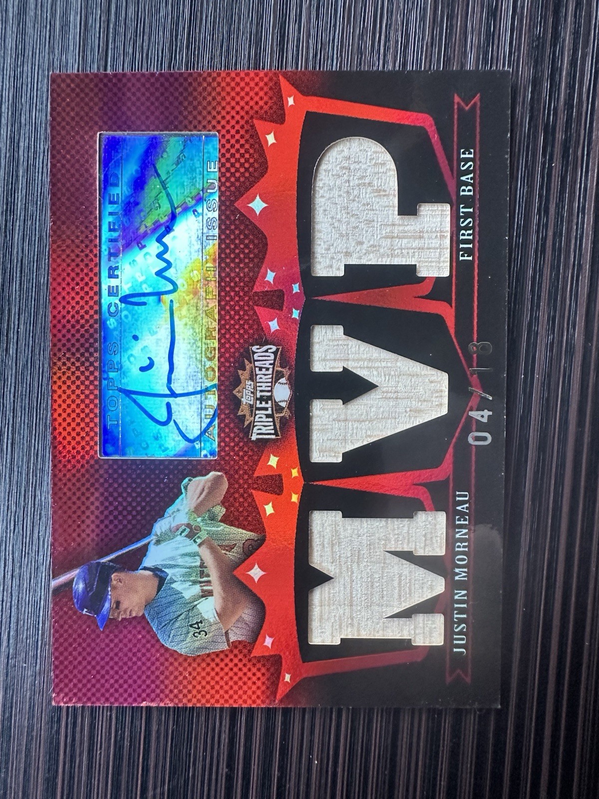 JUSTIN MORNEAU 2007 TRIPLE THREADS GAME-USED BAT RELIC AUTO #TTRA178 04/18 MVP