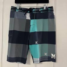 Hurley Swim Trunks Mens 32 Board Shorts Plaid Blue Black Surfing