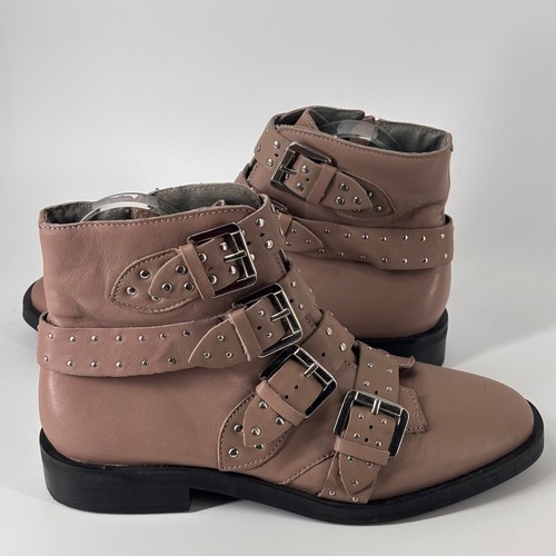 Topshop Ankle Boots Womens 38 Nude Leather Studded Buckle Moto Zip Booties