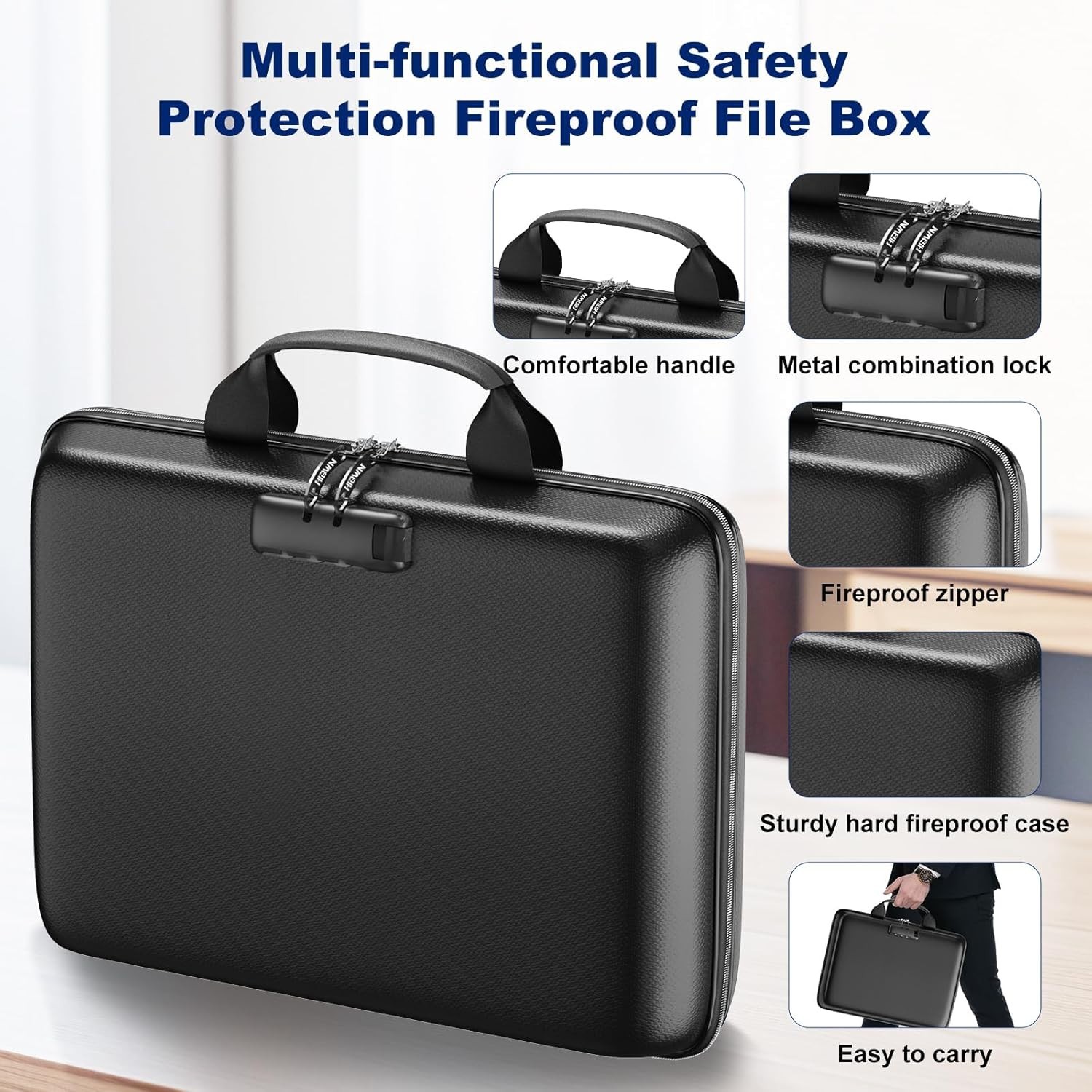 Fireproof Document Box with Lock 13 Pockets Waterproof Hard Case File ...